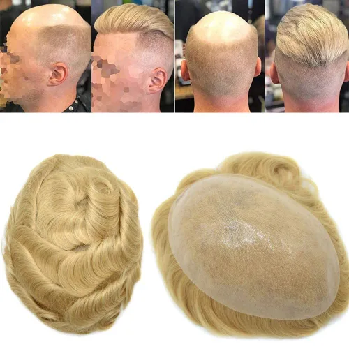 Vista 56 de PU Toupee para hombres pieza de pelo real sistema de reemplazo de cabello humano para hombres Toupee pieza de pelo para hombres piel polivinílica