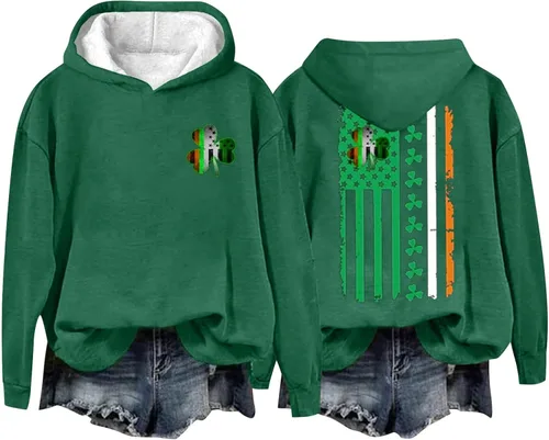 Vista 2 de Sudaderas del Día de San Patricio para mujer, con estampado de trébol, manga larga, cuello redondo, divertidas, camisetas del día de San Patricio
