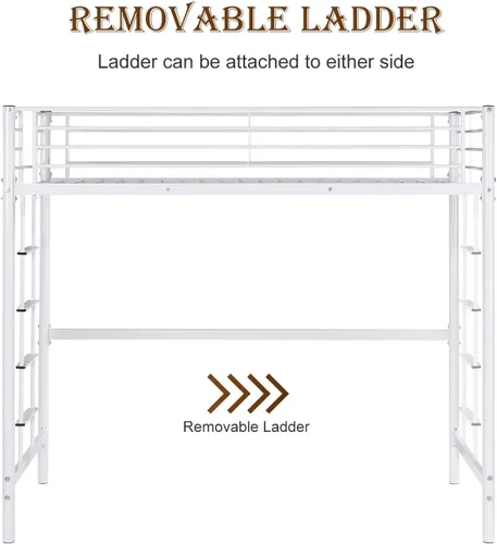 Vista 4 de Bonnlo Cama alta de metal con escaleras y peldaño plano, cama junior de tamaño matrimonial alta para niños, adolescentes y adultos, no requiere
