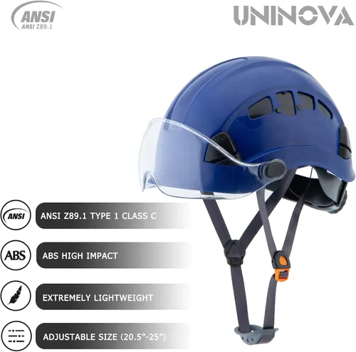 Vista 5 de Hard Hat with Visor, OSHA Approved Safety Helmet Hardhats Azul con visera transparente