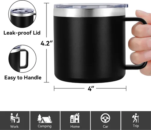 Vista 3 de VEGOND Taza de café aislada de 14 onzas con asa, taza de café de viaje de acero inoxidable con tapa, taza de café de metal al vacío de doble pared