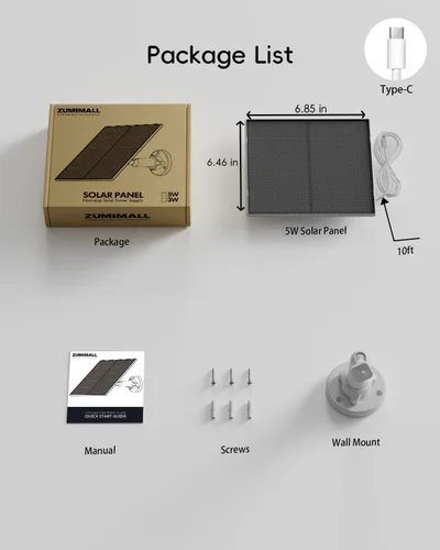 Vista 9 de ZUMIMALL Panel Solar de 5W para Cámaras de Seguridad Inalámbricas para Exteriores, con Puerto Micro USB y Tipo-C, Energía Solar de Alta Eficiencia
