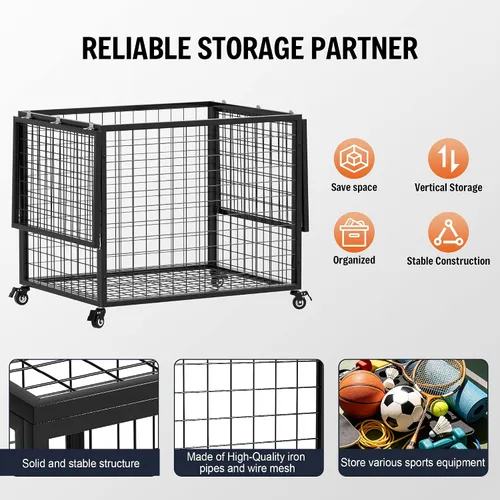 Vista 4 de rehomerance Ball Cart Garage Sports Equipment Basketball Organizer with Lockable Lid, Basketball Storage Bin for Indoor Outdoor, Rolling Exercise