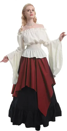 Vista 3 de CR ROLECOS Disfraz renacentista para mujer, vestido medieval campesino, manga trompeta, camisa y falda victoriana