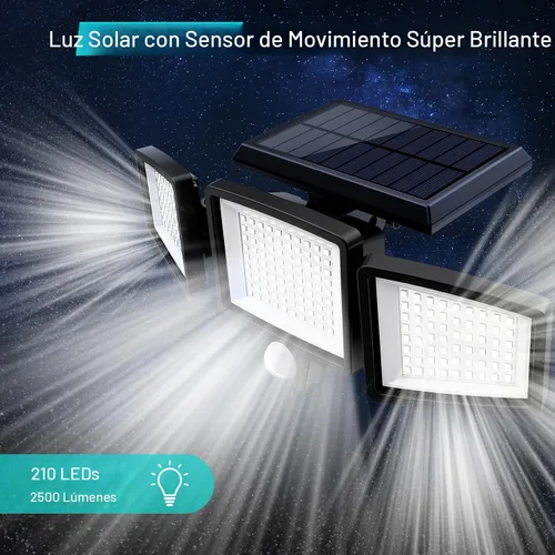 Vista 9 de Tuffenough - Luces solares para exteriores, 2500 lm, 210 luces LED de seguridad con control remoto, 3 cabezales de luces con sensor de movimiento