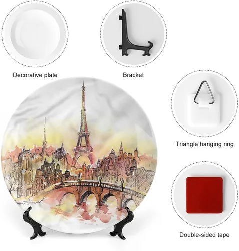 Vista 3 de XISUNYA Plato decorativo de 6 pulgadas, placa de cerámica de la Torre Eiffel, impresión de paisaje urbano de Francia, para colgar en la pared