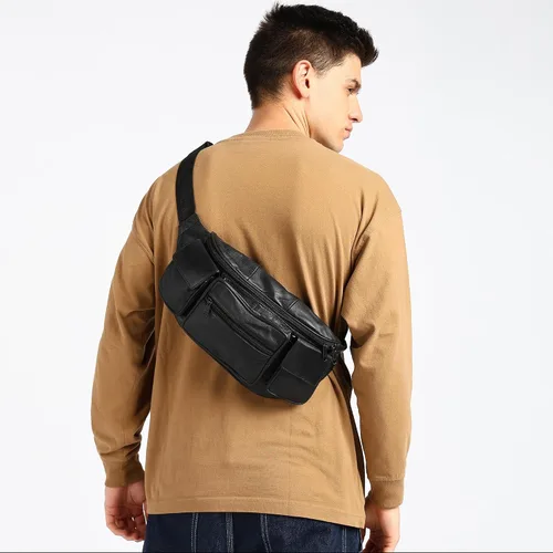 Vista 6 de Cangurera de Leatherboss Jumbo con bolsillos laterales Valcro, Negro