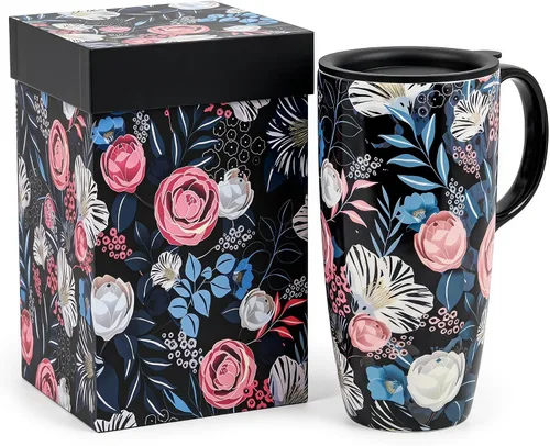 Vista 12 de Topadorn Taza de Café de Cerámica de Porcelana Latte Taza de Té con Tapa y Caja de Regalo 17oz, Flor Azul