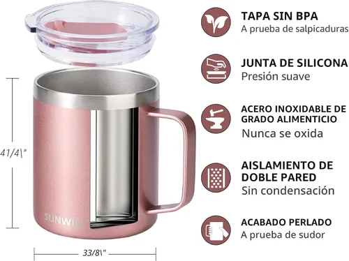 Vista 2 de SUNWILL - Taza de café de viaje con tapa, taza aislada con asa, taza de acero inoxidable de 14 oz para hielo, agua, té, color oro rosa