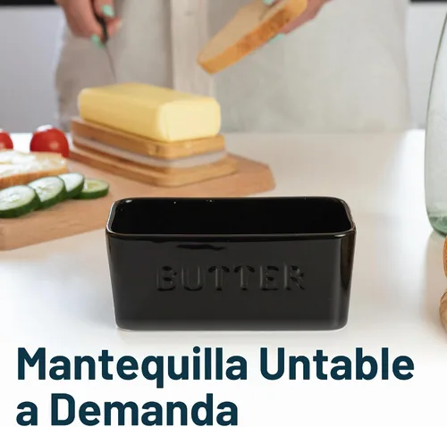 Vista 6 de PriorityChef Plato de Mantequilla Extra Grande con Tapa para Encimera, Envase de Mantequilla de Cerámica con Cubierta Hermética, Soporte de Negro