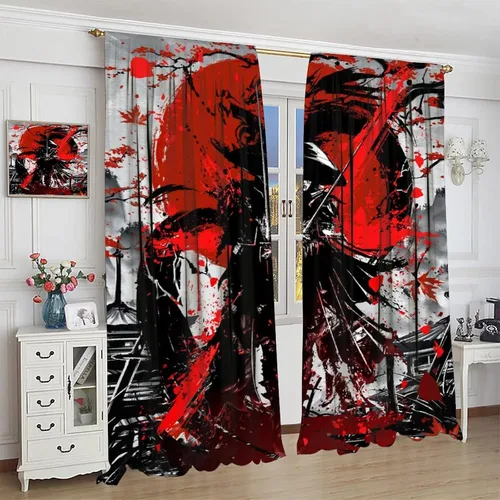 Vista 4 de Cortinas opacas con temática japonesa para dormitorio, acuarela, anime, samurái y dragón, flores de cerezo, cortinas de ventana con bolsillo