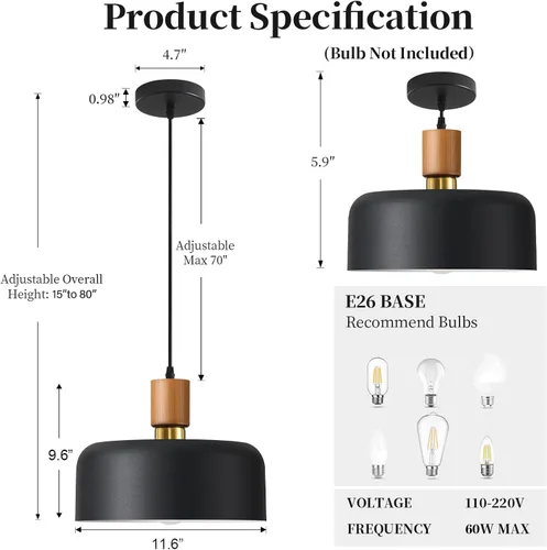 Vista 4 de Lámpara colgante moderna negra sobre isla de cocina, iluminación colgante industrial, lámpara colgante de techo de madera ajustable para comedor