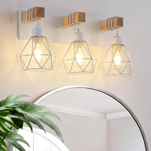 Vista 21 de Lámpara de tocador estilo casa de campo para baño, luminarias de tocador de baño de 2 luces negra dorada de madera sobre espejo, apliques rústicos
