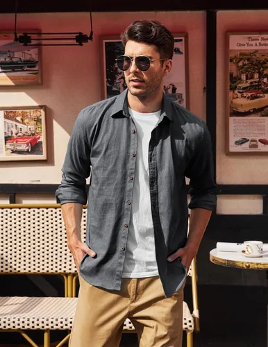 Vista 4 de COOFANDY Camisa vaquera de manga larga para hombre, estilo casual, con botones, chaqueta ligera