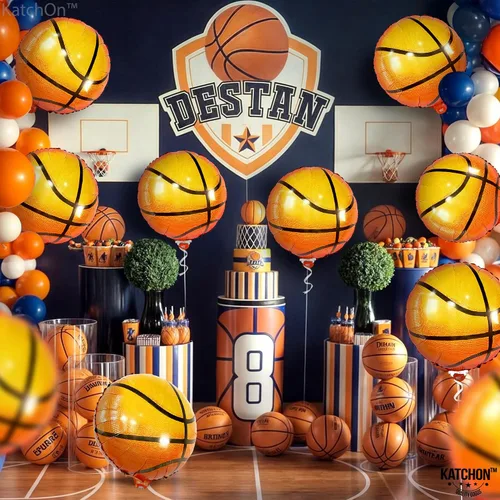 Vista 3 de KatchOn, Globos de baloncesto grandes de papel de aluminio color naranja, 18 pulgadas, paquete de 10 unidades, decoraciones de baloncesto