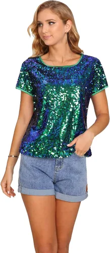 Vista 2 de Camiseta de manga corta con lentejuelas brillantes para mujer, cuello redondo y brillantina, para verano, discoteca, fiesta, túnica