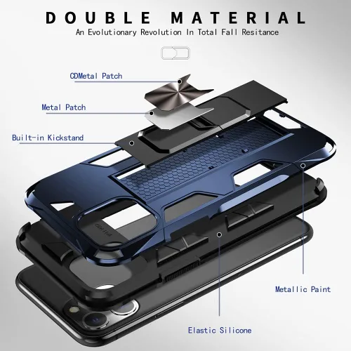 Vista 5 de Funda de grado militar para iPhone 11 Pro Max con protector de pantalla de vidrio templado, a prueba de golpes, con soporte de soporte, funda