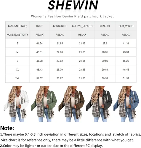 Vista 5 de SHEWIN Chaqueta vaquera de manga larga para mujer, a cuadros, con botones, para otoño 2023