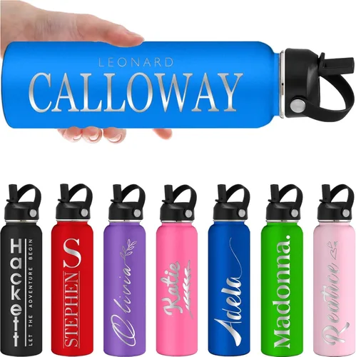 Vista 11 de Botellas de agua personalizadas con tapa de pajilla, botella de agua personalizada de 24 onzas, botella de agua aislada con grabado láser con Morado
