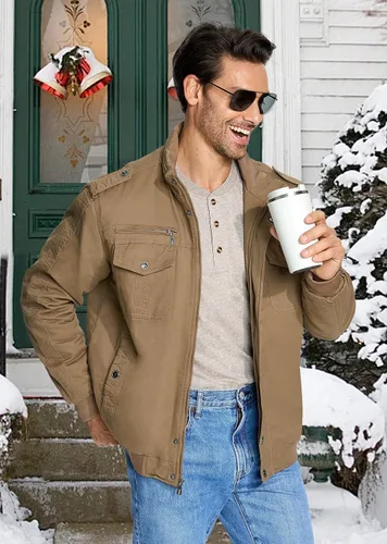 Vista 6 de EKLENTSON Chaqueta térmica gruesa de invierno para hombre con múltiples bolsillos con cremallera frontal forro polar chaqueta militar para hombre