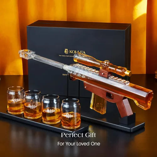Vista 6 de Kollea Regalos para Hombres Papá, Juegos de Decantadores de Whisky, Juego de Decantador de Pistola con 4 Vasos de Bala y Telescopio de Mira, Regalo
