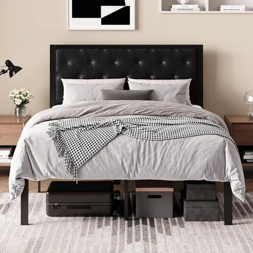 Vista 13 de SHA CERLIN Base de cama de plataforma tamaño individual con estructura de metal, cabecero tapizado de cuero PU con botones, base de colchón con 31.5