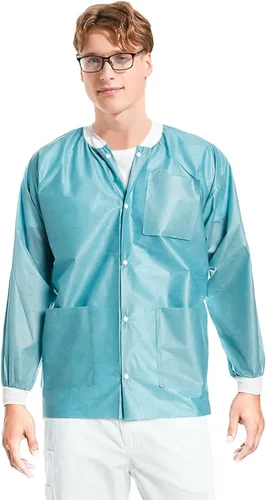 Vista 2 de Paquete de 10 chaquetas desechables de laboratorio, chaqueta médica reutilizable hasta la cadera, unisex, con puños de punto y bolsillos