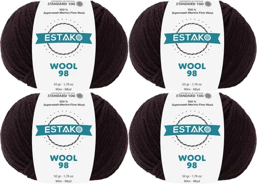 Vista 14 de Estako Wool 98 (paquete de 4 madejas) 100% lana merino superwash lana merino de peso medio suave hilo para tejer y ganchillo (4 x 1.76 onzas)