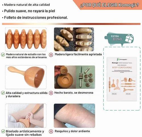 Vista 2 de Komogir Herramientas de masaje de terapia de madera 3 en 1, masajeador de drenaje linfático, masajeador de madera para maderoterapia, anticelulitis