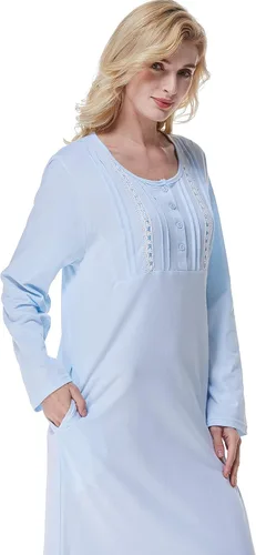 Vista 5 de Keyocean Camisones para mujer con bolsillos, 100% algodón, suave, ligero, manga larga, camisón para mujer