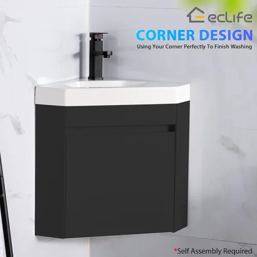 Vista 3 de eclife Combo de lavabo de baño esquinero de 22 pulgadas para espacio pequeño, armario flotante montado en la pared con fregadero de resina blanca