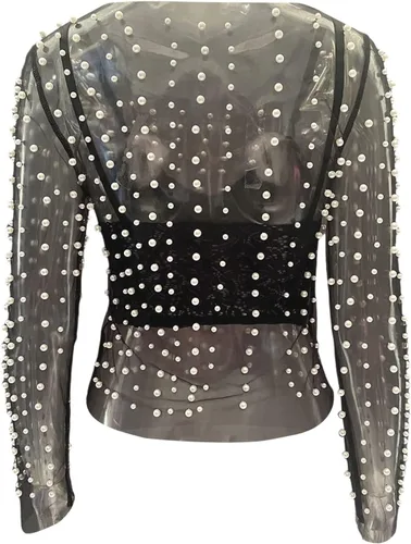 Vista 5 de Camisa de perlas de manga larga de malla transparente para mujer