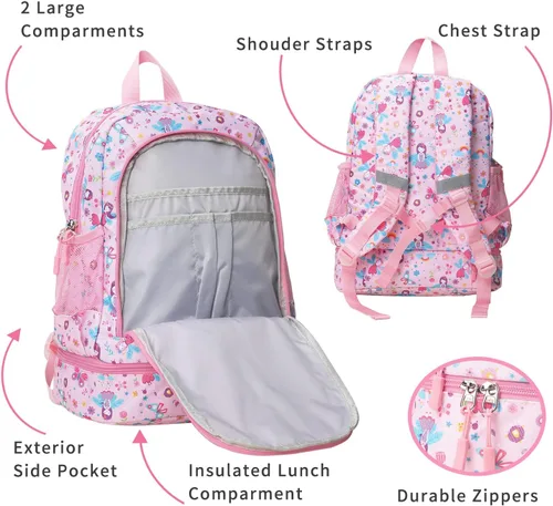 Vista 3 de Mochilas para niños y niñas, bonita mochila ligera para niños y niñas, mochila preescolar con bolsa de almuerzo aislada, Rosado, Personalizado