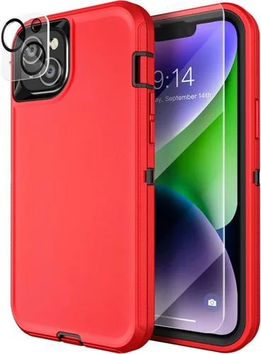 Vista 10 de MXX Funda resistente hecha para iPhone 14 con pantalla de vidrio templado, protector de lente de cámara de 3 capas, protección de cuerpo completo, a