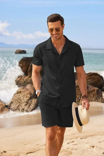 Vista 2 de COOFANDY Conjunto de dos piezas para hombre, camisa de manga corta con botones y pantalones cortos, conjuntos de playa