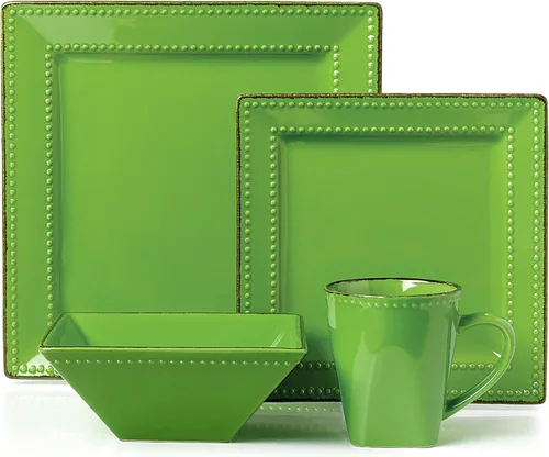 Vista 10 de Lorren Home Trends - Juego de vajilla cuadrada de cerámica con cuentas de 16 piezas, color negro