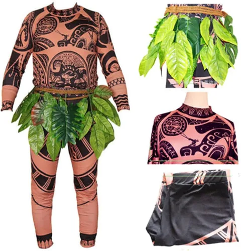 Vista 4 de Wrrkayly Disfraz de tatuaje de Moana Maui para Halloween, camiseta + pantalones + falda de hojas, trajes de Halloween para adultos, disfraz de juego