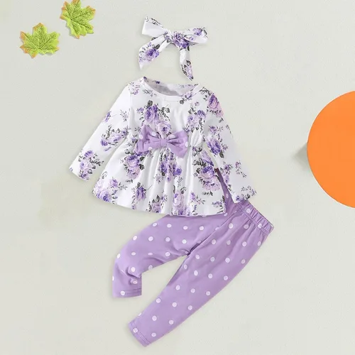 Vista 3 de Conjuntos de ropa para niñas pequeñas, traje de algodón suave, cálido, cuello redondo, manga larga, cuello redondo, floral, otoño