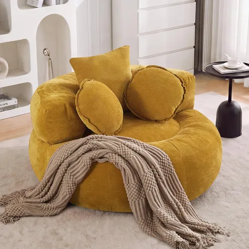 Vista 21 de Boneless Convertible Round Floor Sofa Chair with Expandable Seat, Beige Oversized Lounge Seating, High-density Foam Comfort, Reading Chair, No