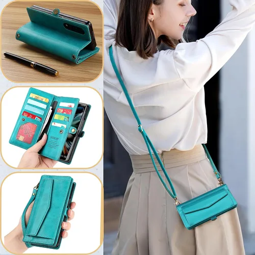 Vista 6 de Funda tipo cartera para Samsung Galaxy Z Fold 3 para mujer con 【Soporte para S Pen】, soporte para tarjetas con bloqueo RFID, funda de teléfono