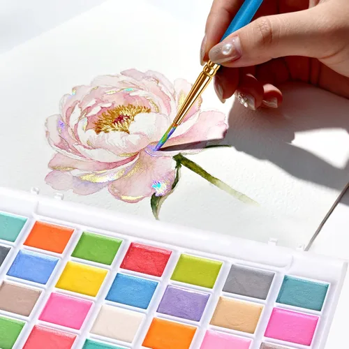 Vista 6 de Pintura de acuarela, 28 colores metálicos, lavable, juego de pintura de acuarela con un pincel, un bolígrafo y paleta de pincel de agua recargable
