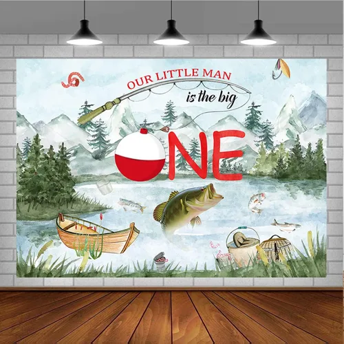 Vista 3 de Fondo de fotografía de Our Little Man is The Big One Wild Gone Fishing Background Boy First One Birthday Party Decor Baby Shower Fisherman Party
