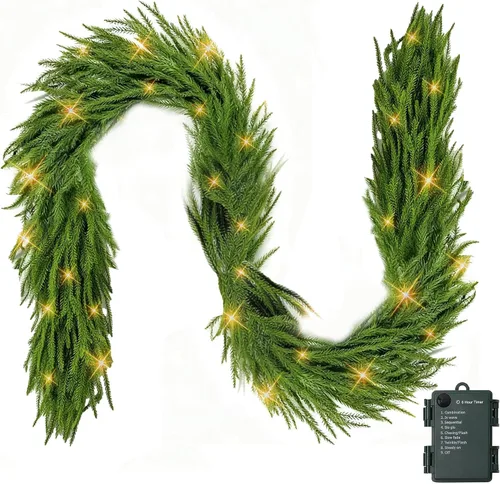 Vista 4 de TW SHINE Guirnalda de Navidad preiluminada de 9 pies con luces, 50 guirnaldas de pino Norfolk artificiales iluminadas LED, decoraciones de Navidad