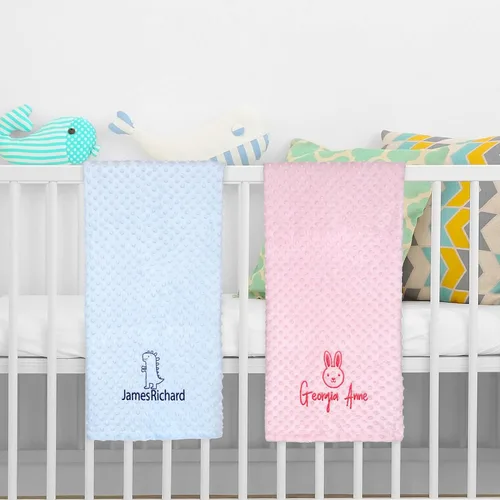 Vista 3 de Manta de bebé personalizada de Minky con nombre, icono, 2 colores, 15 iconos, 7 fuentes, manta suave y sedosa de puntos de doble cara para baby