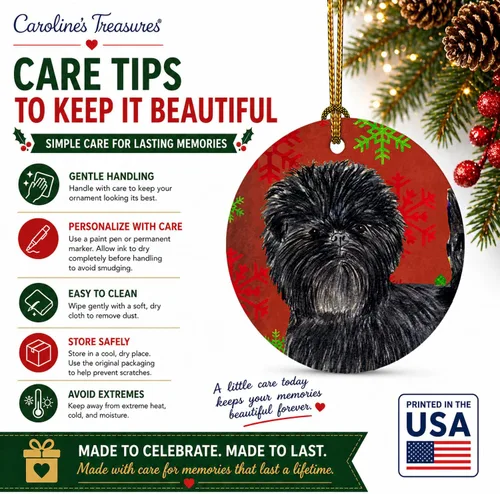 Vista 7 de Caroline's Treasures Affenpinscher - Adorno de cerámica para colgar en el árbol de Navidad con copos de nieve rojos y verdes, para el hogar