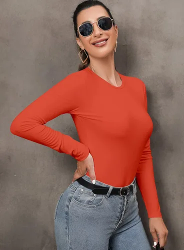 Vista 3 de MANGDIUP Bodysuit for Women Round Neck Long Sleeve Stretch Tops Jumpsuit
