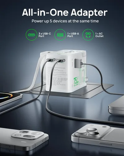 Vista 4 de Adaptador universal de viaje de enchufe europeo de carga rápida GaN de 75W