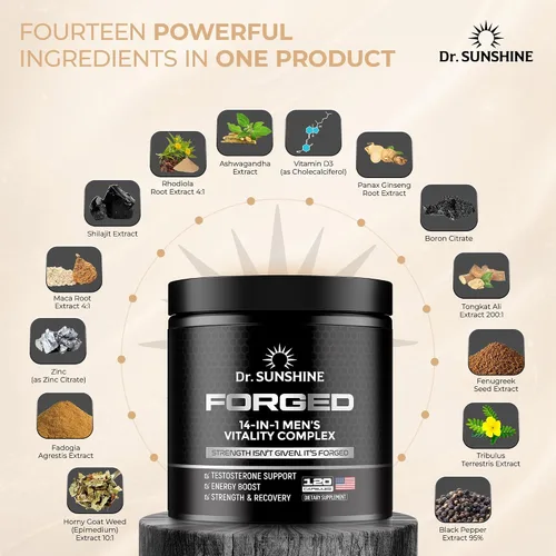 Vista 5 de DR. SUNSHINE Suplemento de Apoyo de Testosterona Formulado 14 en 1 – Complejo de Vitalidad Shilajit para Hombres, Apoyo de Fuerza y Resistencia