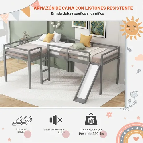 Vista 4 de Merax Cama doble tipo loft de tamaño individual con tobogán y escalera, marco de cama de madera en forma de L con barandilla de longitud completa
