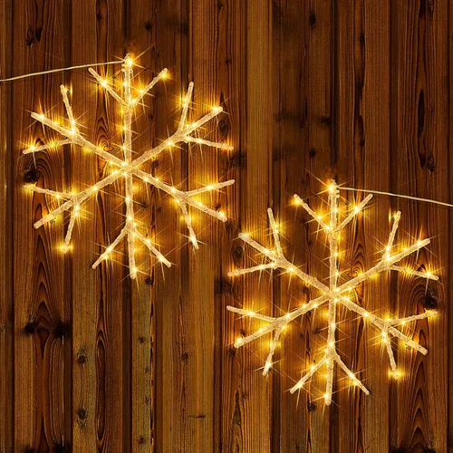 Vista 5 de Fudios Luces LED de copo de nieve iluminadas de color blanco cálido, funciona con pilas, con temporizador, 70 L, guirnalda de luces de 14 pulgadas